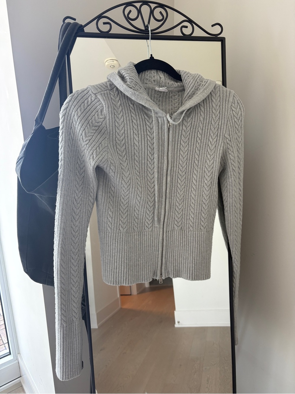 Garage Light Gray Cable Knit Zip-Up Hooded Sweater